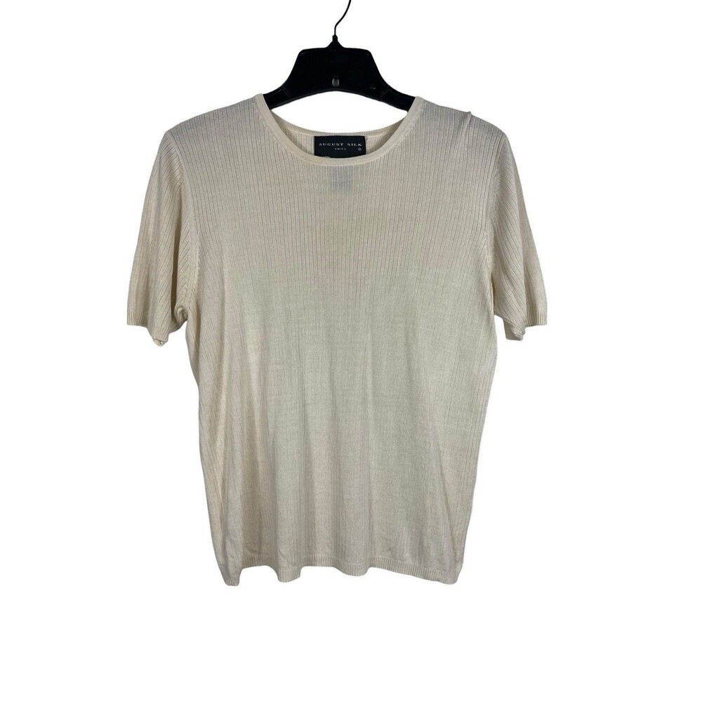 90s August Silk Ribbed 100% Silk Knit Top L Ivory Short Sleeve Quiet Luxury VTG